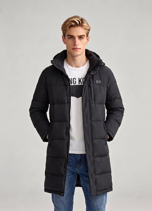 #black Mens long heated quilted jacket