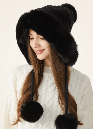 black cat ear pom pom beanie