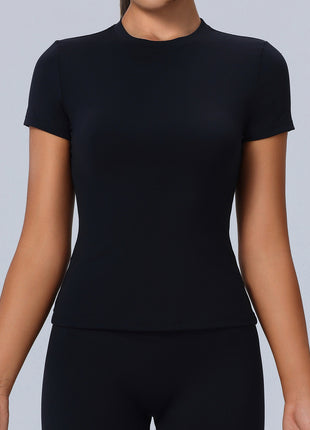 black crew neck short sleeve yoga top