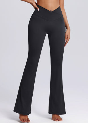 black crisscross waist flared yoga pants