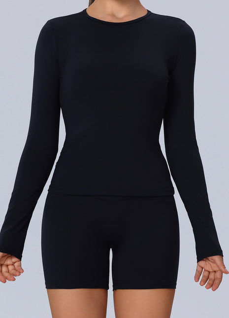 black long sleeve fitted yoga top