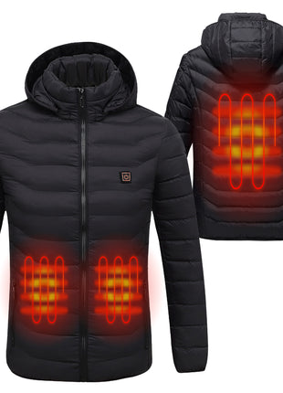 black single button 3 area heated hooded jacket