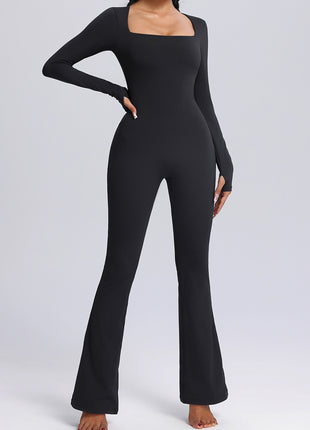 black square neck long sleeve yoga jumpsuit