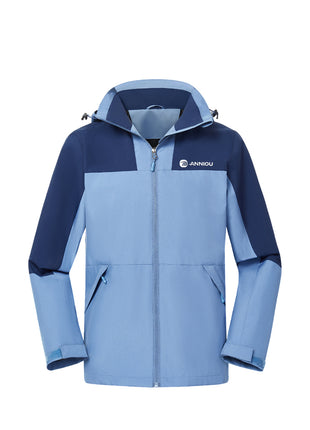 blue lightweight hooded windbreaker