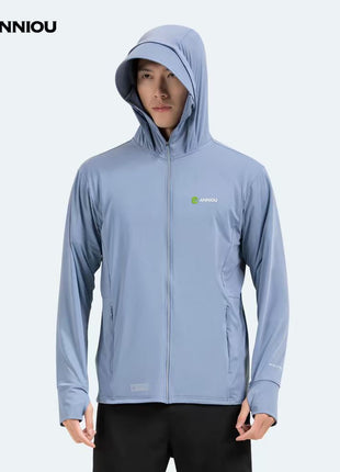 blue men's raw yarn ice silk hooded sun protection jacket