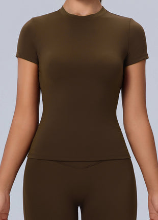 brown crew neck short sleeve yoga top