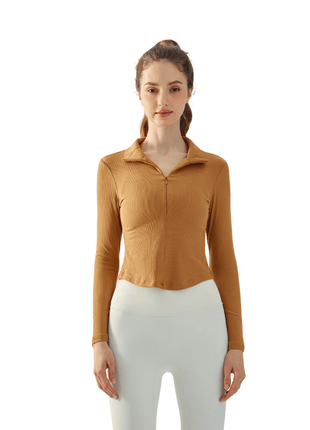 brown half zip mock neck yoga top