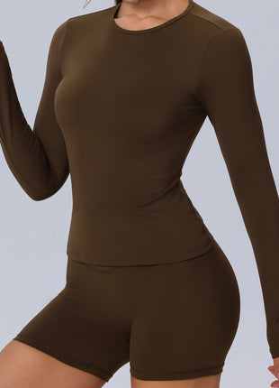 brown long sleeve fitted yoga top