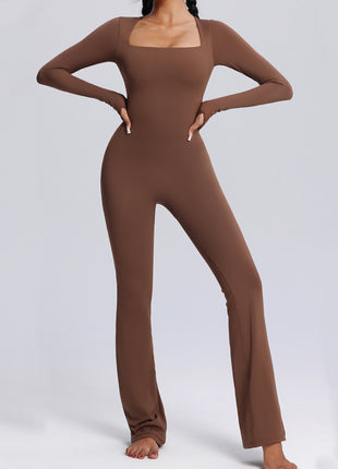 coffee square neck long sleeve yoga jumpsuit