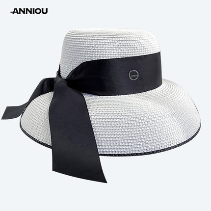 Sidiou Group ANNIOU Summer Women's Elegant Retro Straw Hat Beach Travel Seaside Vacation Sunscreen Breathable Large Brim UV Sun Shade Hat