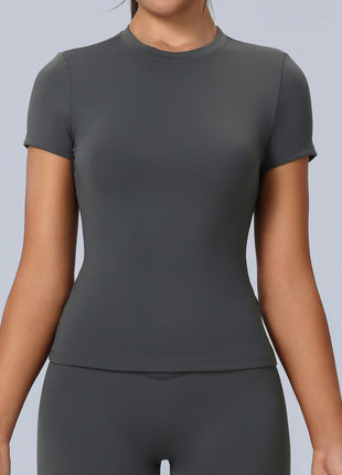 dark grey crew neck short sleeve yoga top