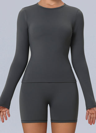 dark grey long sleeve fitted yoga top