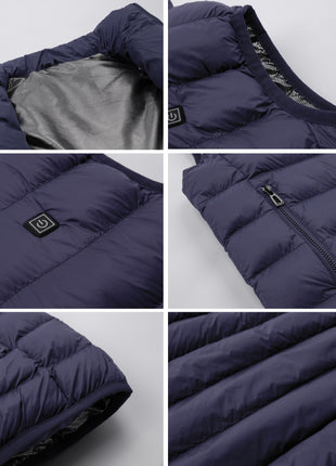 details of a navy blue heated vest