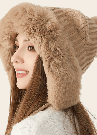 extra warm cat ear pom pom hat
