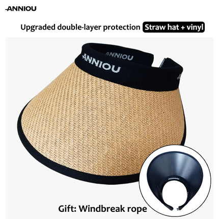 Sidiou Group ANNIOU Summer Vinyl Sun Visor Empty Top Sun Hat Beach Cycling Outdoor UV Protection Adjustable Windproof Rope Straw Sun Hats for Ladies