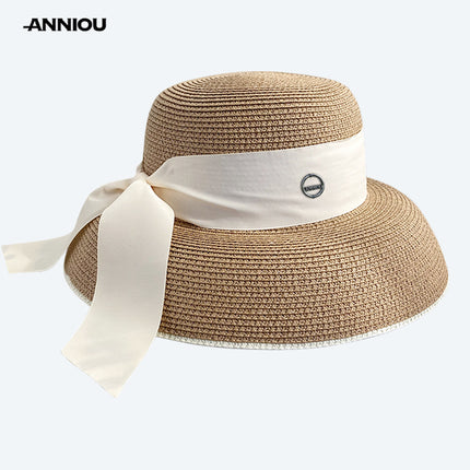 Sidiou Group ANNIOU Summer Women's Elegant Retro Straw Hat Beach Travel Seaside Vacation Sunscreen Breathable Large Brim UV Sun Shade Hat