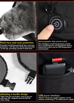 functional design details of heated faux fur trapper hat