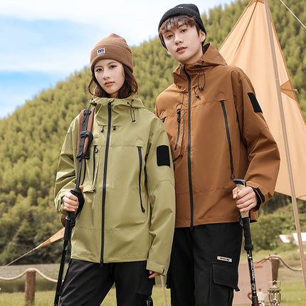 green and brown unisex hooded waterproof jacket