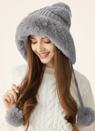 grey yellow cat ear pom pom beanie