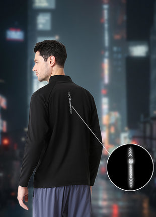 half zip mock neck sweatshirt with reflective logo on the back