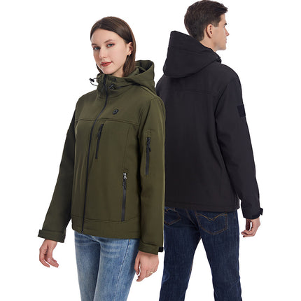 men and womens softshell heated jackets in green and black