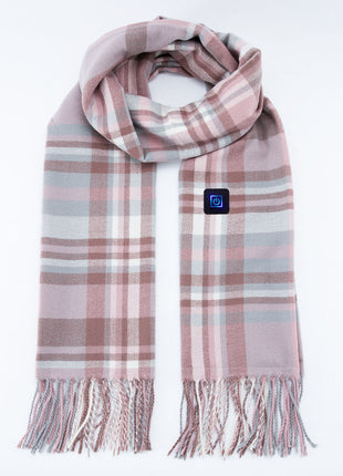 light pink plaid fringed heated scarf