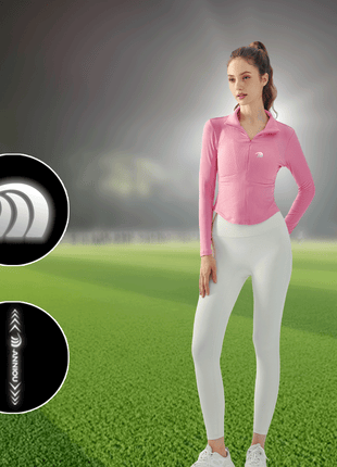 long sleeve half zip mock neck yoga top with front and back reflective logo