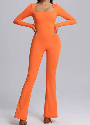 orange square neck long sleeve yoga jumpsuit