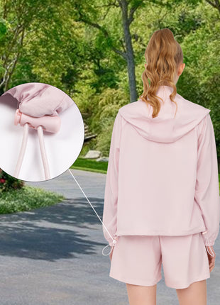 outdoor hooded sun jacket with drawstring hem