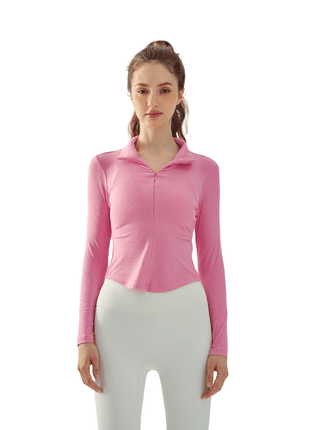 pink half zip mock neck yoga top