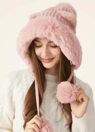 pink yellow cat ear pom pom beanie
