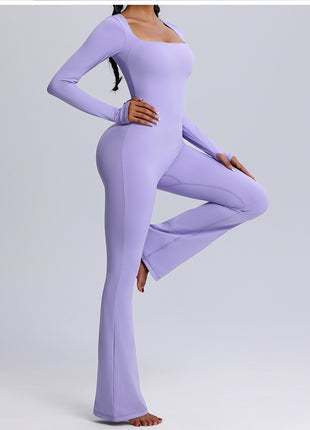 purple square neck long sleeve jumpsuit