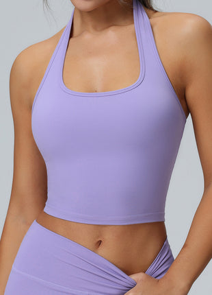 purple womens halter sports bra