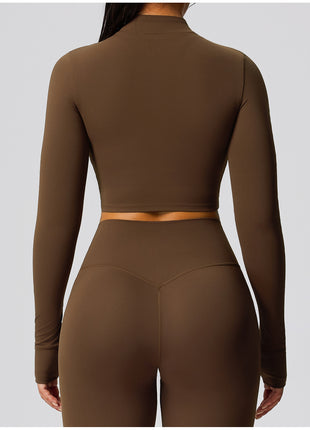 rear of women long sleeved yoga shirt