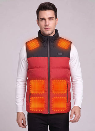Front view of men's #red heated vest, glowing orange lines show 6 heating zones on chest and shoulders, with control button on chest, model wears white knit sweater, rechargeable warming vest for cold weather