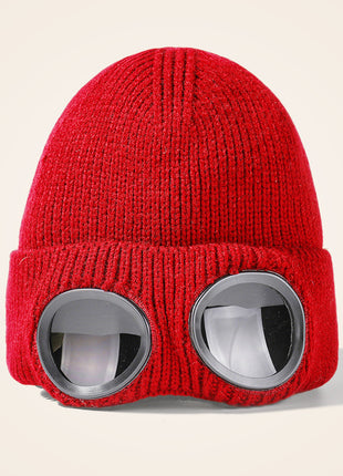 red goggles knit beanie