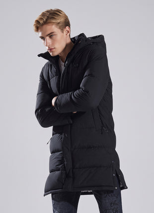 side split of #black Mens Long Heated Jacket