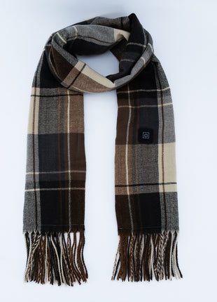 striped dark brown plaid fringed heated scarf