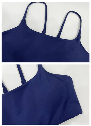 thin strap square neck #navy sports bra front detail