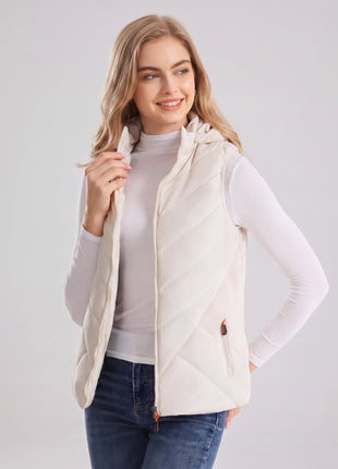 #white Stand Collar Women's Heated Hooded Vest
