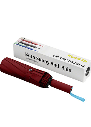wine red fully automatic 3 fold sun and rain umbrella