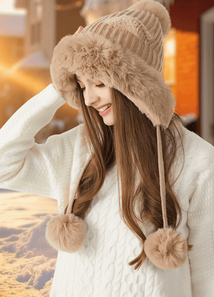 winter cat ear beanie hat with fluffy pom pom
