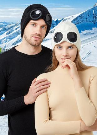 winter warm knitted beanie hat with goggles