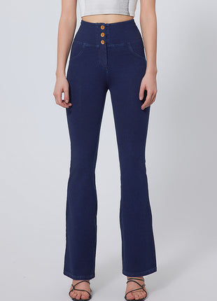 Women's Dark Blue Straight Flare High Waist Jeans