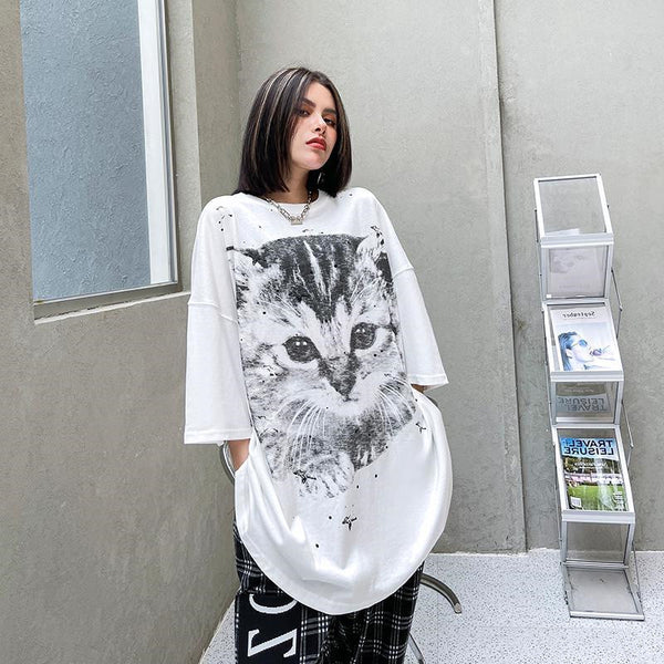 Sidiou Group New Design Personality High Quality Casual Loose Mid Length Cat Print T-Shirt O-Neck  Oversized  Women's Top