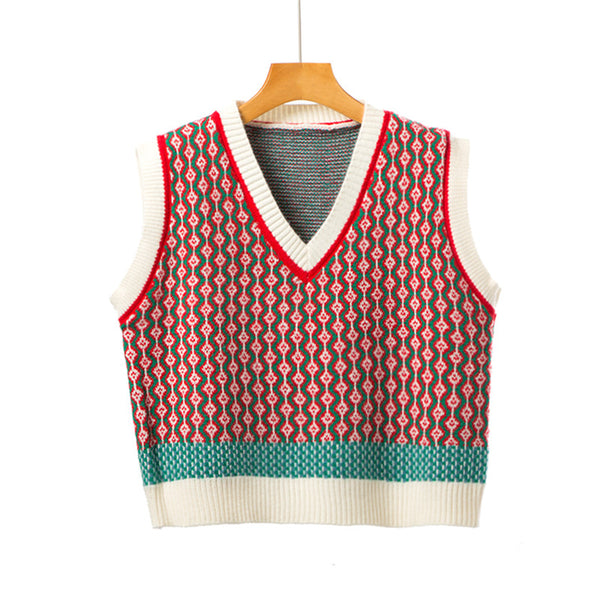 Wholesale High Quality Spring and Autumn Women Knitted Sweater Vest V Neck Sleeveless Short Plaid Waistcoat Vintage Tops