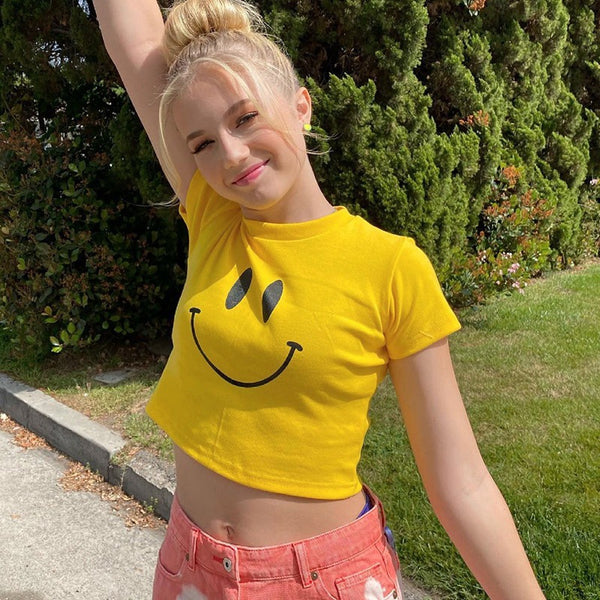 Promotional Summer Graphic Cartoon Smiley Face Short-Sleeve Women's T-Shirt Female Slim Fit Printed Yellow Cropped Tops Trend