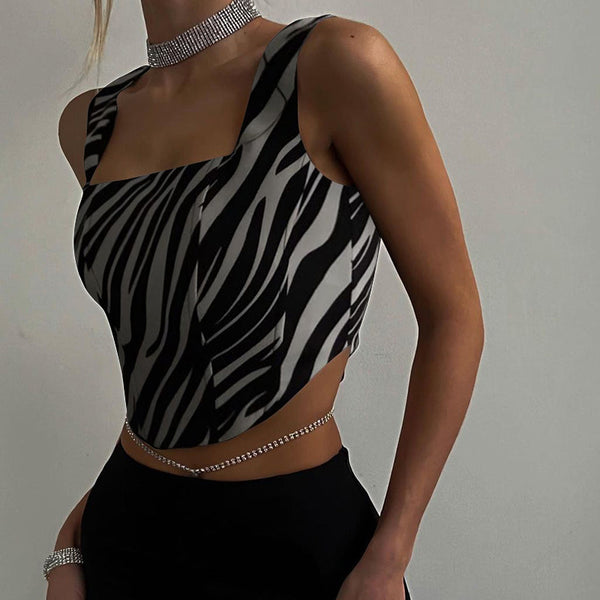 Women's Casual Sexy Crop Tops Factory Wholesale Price Stock Fashion Zebra Pattern Print Sleeveless Backless Tank Tops Blouse Vest