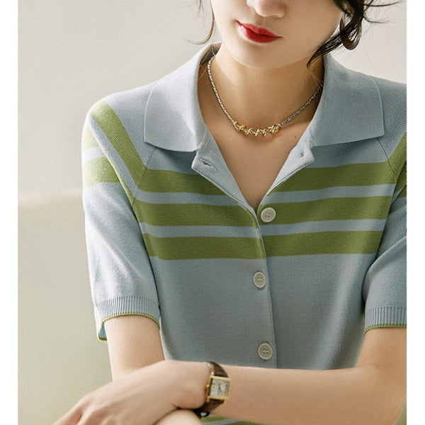 Sidiou Group Anniou High Quality Polo Shirts Fashion T-shirt Women Personalized Stripe Short Sleeves Knit Sweater Shirt