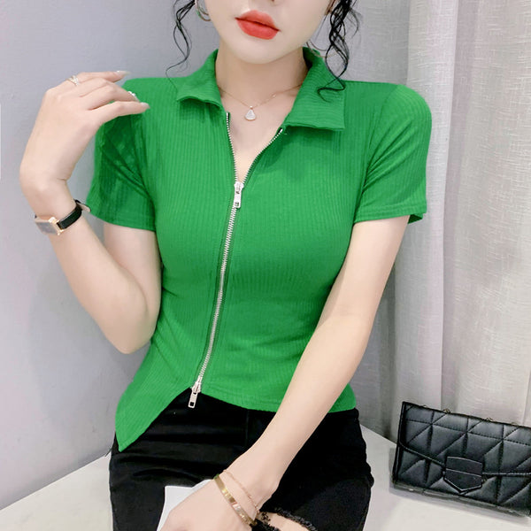 Sidiou Group Anniou Summer New Short Sleeve Green Polo Shirt Zipper Slim Short Top Irregular Hem Design Women T-Shirt
